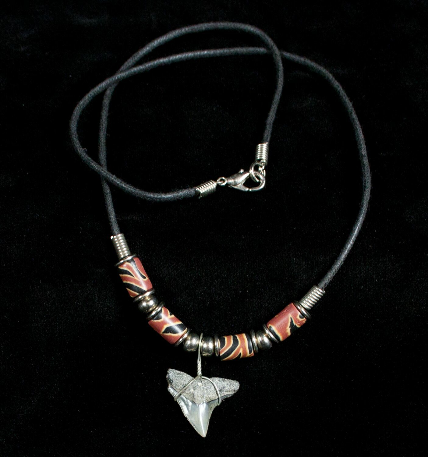 Fossillized Great White Shark Tooth and Orange Bamboo Coral Necklace
