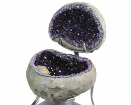 Amethyst Jewelry Box Geode With Calcite On Metal Stand #94221