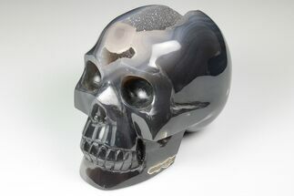 Polished Banded Agate Skull with Quartz Crystal Pocket #190437