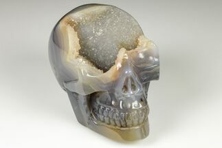 Polished Banded Agate Skull with Quartz Crystal Pocket #190467