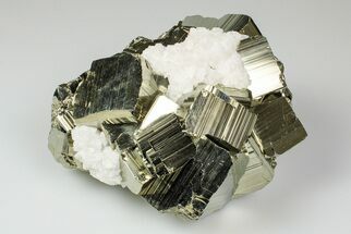 Gleaming, Striated Pyrite Crystal Cluster with Calcite - Peru #195746