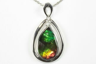 Flashy Ammolite Pendant With White Sapphire Accent Stone - Fossil #202336
