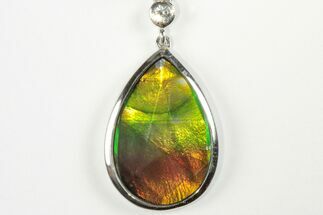 Rainbow Ammolite Pendant With White Sapphire Accent Stone - Fossil #202339