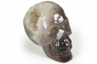 Polished Banded Agate Skull with Quartz Crystal Pocket #237014