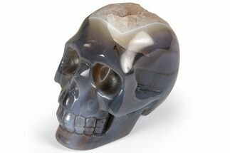 Polished Banded Agate Skull with Quartz Crystal Pocket #237015