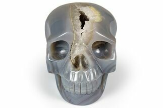 Polished Banded Agate Skull with Quartz Crystal Pocket #237017