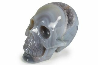 Polished Banded Agate Skull with Quartz Crystal Pocket #237025