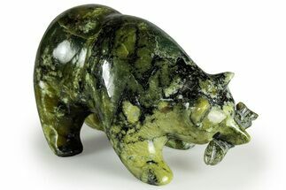 Realistic, Polished Serpentine Stone Bear with Fish - Peru #326794