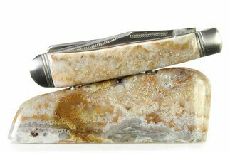 Pocket Knife With Lace Agate Inlays & Matching Base #337600