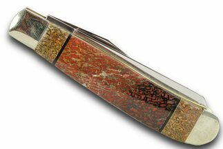 Pocket Knife With Fossil Dinosaur Bone (Gembone) Inlays #370829