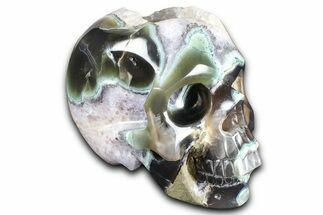 Realistic Polished Banded Agate Skull with Quartz Crystal Pocket #378649
