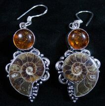 Ammonite Earrings With Amber Colored Stones #3222